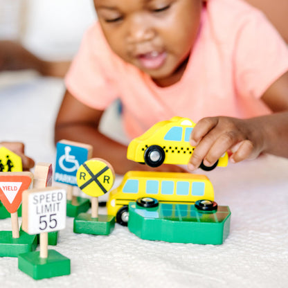 Melissa & Doug Wooden Vehicles and Traffic Signs with 6 Cars and 9 Signs