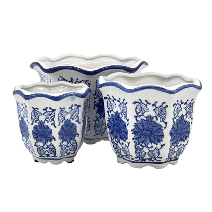 Galt International Blue & White Floral Porcelain Ceramic Decorative Flower Pot 8"/6"/4.5" Garden Pots Chinese Asian Design - Set of 3 Round Fluted