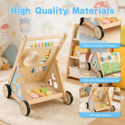 Ranqibo Wooden Baby Walker, Baby Walker with Wheels, Includes Montessori Sensory Toys and Activity Center, 6-18 Months for Boys and Girls