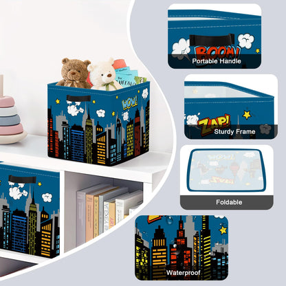 Clastyle Cityscape Hero Kid Storage Cube Organizer Set Skyline Building Silhouette Closet Clothes Cube Storage Bin Nursery Toddler Toy Box Chest Girl Boy Book Shelf Basket,Comic,11.8x11.8x11.8 in