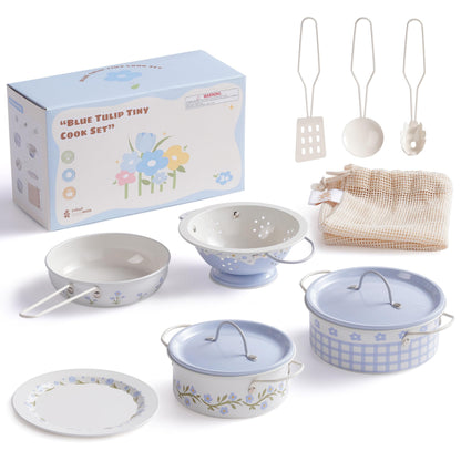 ROBUD Kids Pots and Pans Playset,Kids Kitchen Accessories Pretend Cooking,Cream Blue Pots and Pans Metal, Toddler Kitchen Playset for Boys Girls, Mini Toy Kitchen Accessories(9 Pieces)