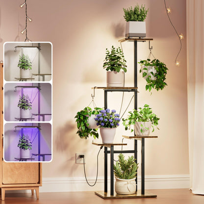 unlumm Plant Stand Indoor with Grow Lights, 46" Metal Corner Plant Shelf with 3 LED Lights, 2 Hanging Hooks, 5-Tiered Tall Plant Flower Holders for Living Room, Garden, Patio (Black Brown)