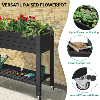 YITAHOME 43.3x17.7x34 in Elevated Garden Bed, Outdoor Plastic Planter Box with Wheels, Legs, Drain Plug, and Storage Shelf for Plants, Vegetables, Flowers, Herbs, Black