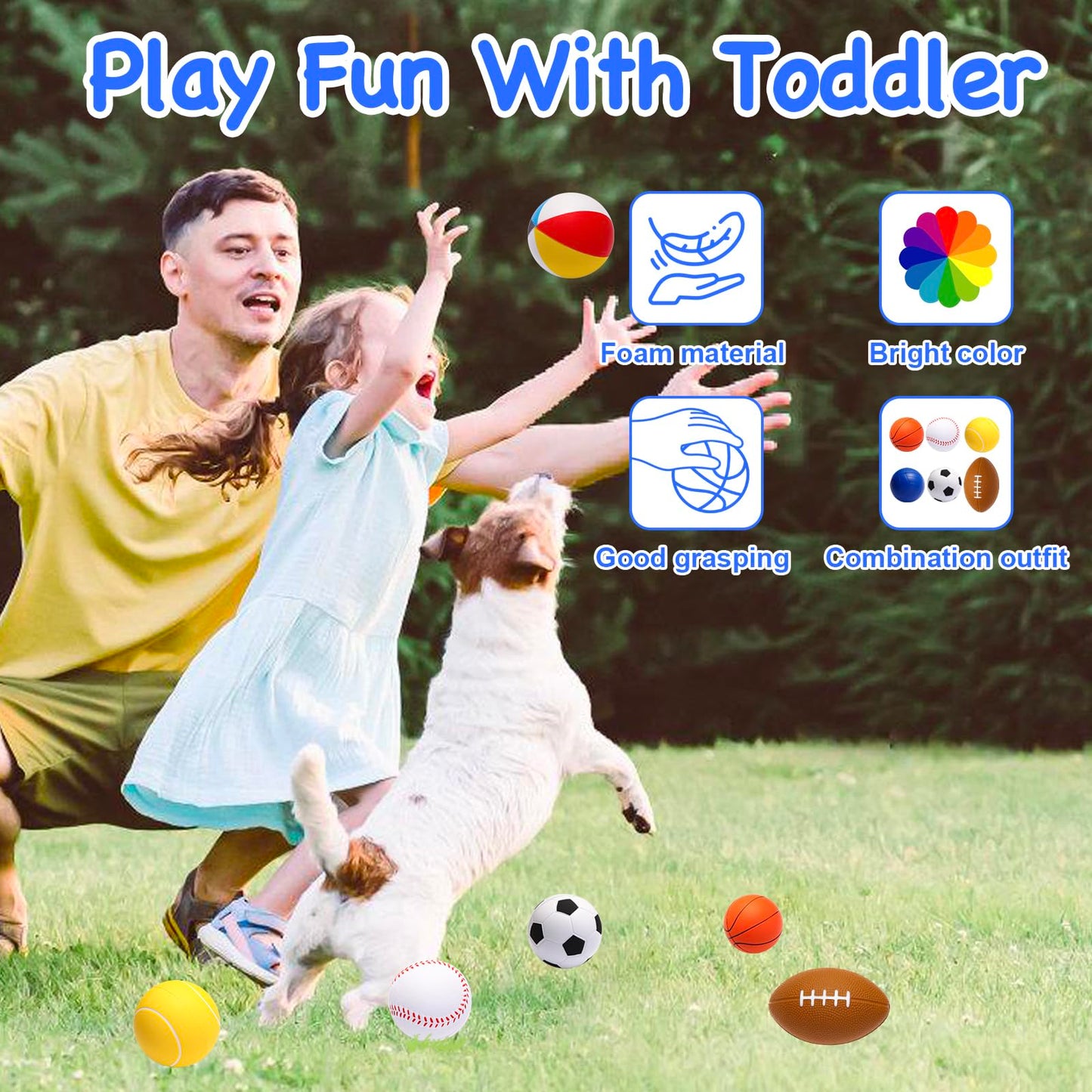 Mini Sports Balls Set of 6 Foam Ball for Kids 2.8 inch Soft Balls for Toddlers with Bag Includes Soccer, Basketball, Football, Baseball ,Tennis and Beach ball- Throwing Toys for Baby Boy and Girl