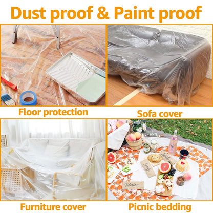 LOYORTY 4 Rolls 8.8 x 65 Feet Painters Plastic Sheeting, Pre-Taped Masking Film, Clear Drop Cloth for Painting, Automotive Covering and Appliance Protection
