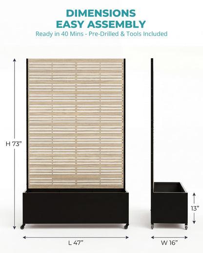 TinFrey 73" Metal Planter Box with Trellis on Wheels - Mobile Outdoor Planter with Drainage Holes & Louvered Privacy Screen, Rust-Proof Wood Grain for Patio, Balcony, Backyard, Poolside
