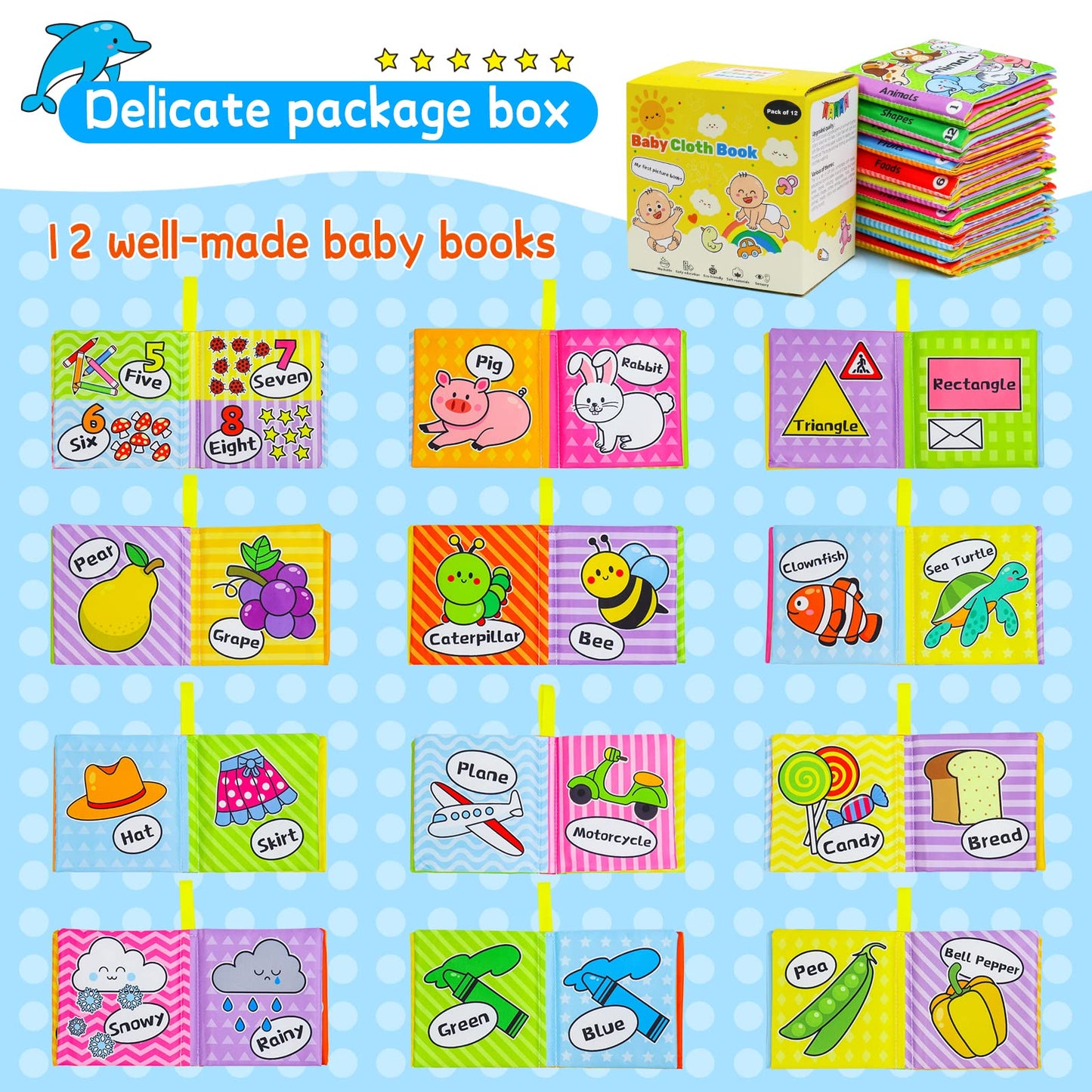 OKOOKO 12PCS Soft Baby Books, Soft Cloth Books, Bath Toys, Crinkle Washable Non-Toxic Early Education Preschool Learning Toy for Newborns Babies Infants Toddlers Kids