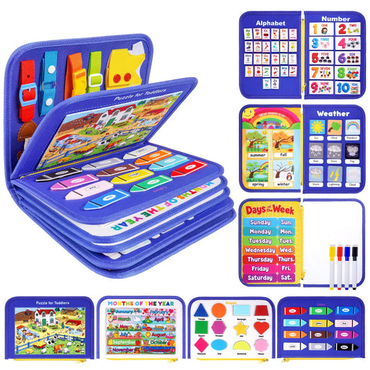 Toddler Busy Board, Montessori Busy Book for Toddlers, 12-Page Quiet Educational Activity Book for Motor Skills, Learning Sensory Travel Toys for Car Airplane, Birthday Gifts for Boy Girl Kids (Blue)