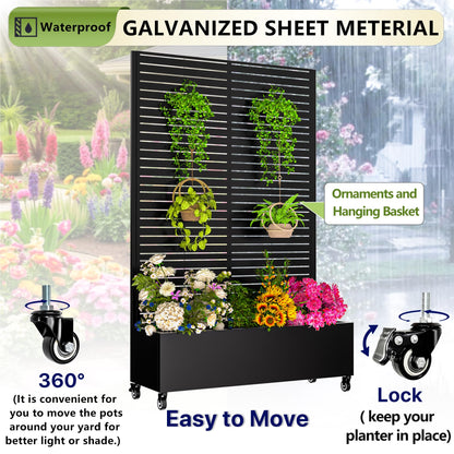 GTSABWAY Metal Planter Box with Trellis,72"x47"x16"Galvanized Steel Outdoor Raised Garden Bed with Privacy Screen,with Drainage Holes & Lockable Casters for Climbing Plants,Vegetables,and Vines(BYC)