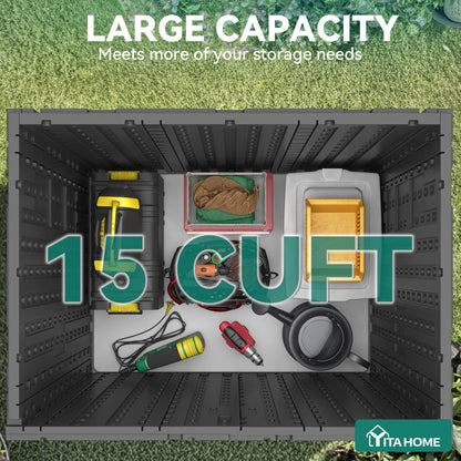 YITAHOME Outdoor Storage Cabinet with 2 Shelves, Waterproof Resin Horizontal Tool Shed, Lockable 15 cu. ft. Storage Shed for Patio, Garden, Yard, Dark Gray