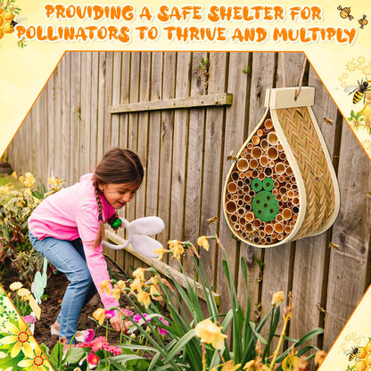 DoubleFill 2 Pcs Mason Bee House Hanging Bee Hives Wild Pollinator Bamboo Mason Bee Habitat Hotel with Tubes Beekeeping Supplies for Enhance Garden Productivity(Water Drop)