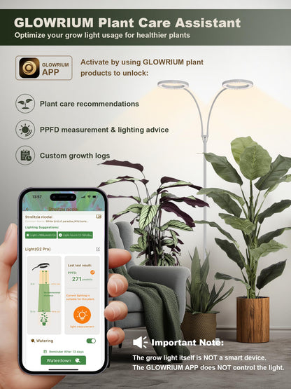 GLOWRIUM 48W LED Dual-Head Grow Light for Indoor Plants, 23.5-71" Adjustable Height, 3-Growing Full Spectrum for Tall Plant Light, 3/9/12/16H Timer, 6-Level Dimming, Ideal for Large Tall Plants