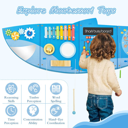 Shark Activity Wall Busy Board Panels,Busy Board for Toddlers Montessori Sensory Toys Wall Mount Wooden Learning Toy Ideal Furniture for Playroom & Children's Daycare