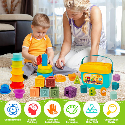 GJOF2YK Montessori Baby Toys for Ages 6–18 Months with Sensory Shape Sorter Matching Game Toy Stacking Ring Soft Building Blocks Developmental Learning Toys for Toddlers 1+ Year Old