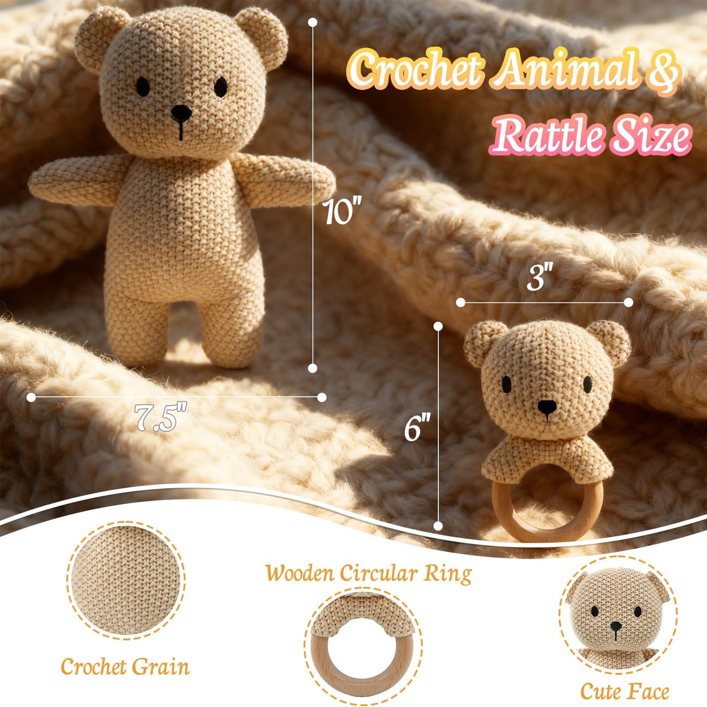 10" Crochet Bear Stuffed Animal with Rattle, Pure Cotton Soft Crochet Doll Plush Toy for Newborn, Handmade Baby Shower Gift & First Birthday Gift