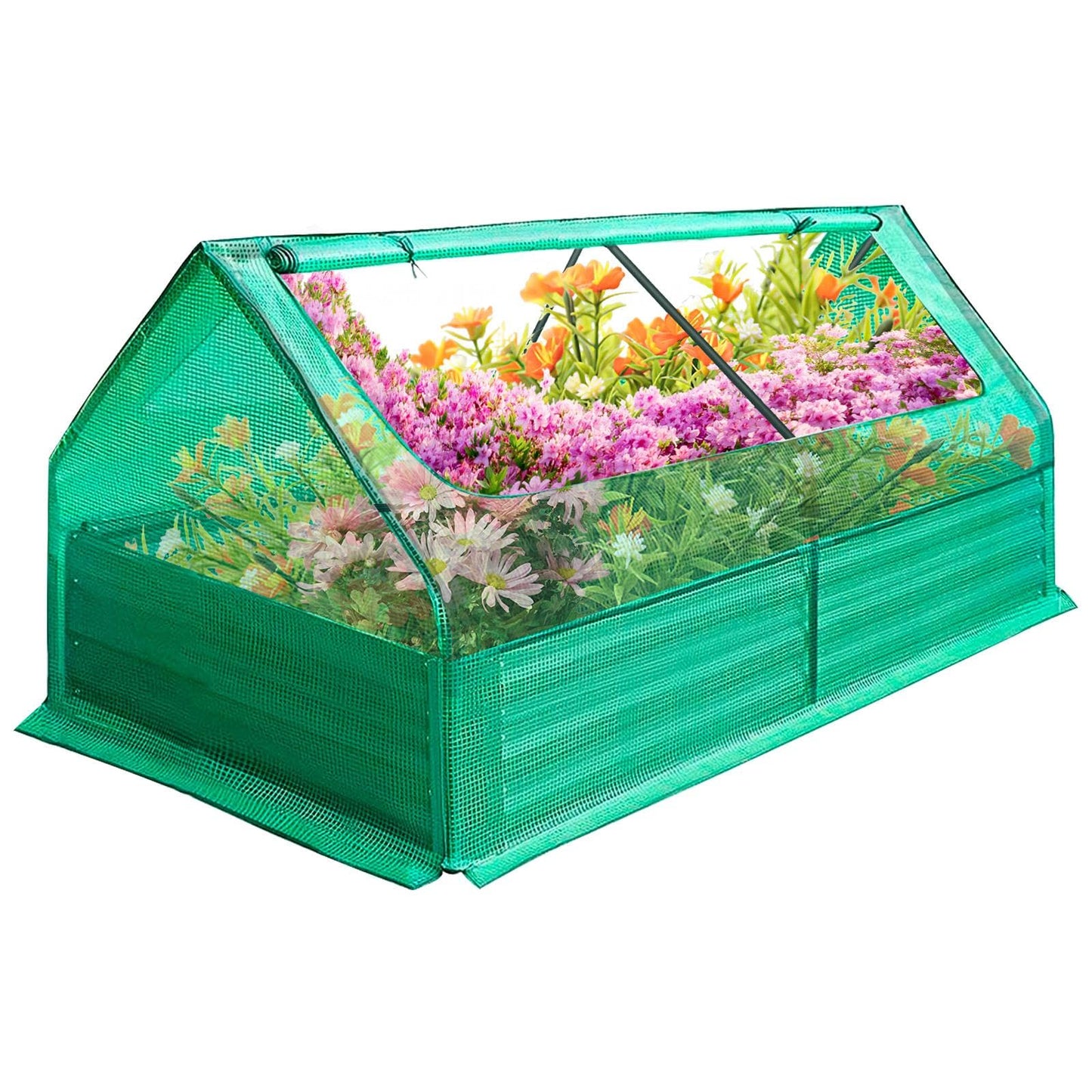 Galvanized Raised Garden Bed with Cover, 6x3x1ft Bottomless Box Metal Planter with Dual 2-Tier Roll-Up Windows, Mini Greenhouse for Patio Garden Outdoor Growing Vegetables (Green)