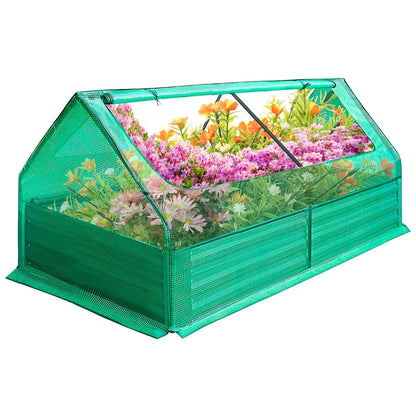 Galvanized Raised Garden Bed with Cover, 6x3x1ft Bottomless Box Metal Planter with Dual 2-Tier Roll-Up Windows, Mini Greenhouse for Patio Garden Outdoor Growing Vegetables (Green)