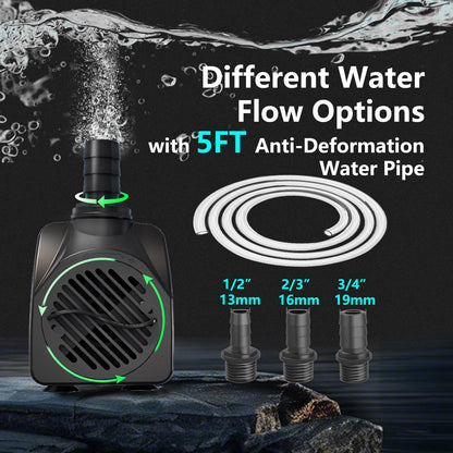 Zoronk 400GPH Auto-Shut-OFF Submersible Pond Pump (1500L/H 25W) Ultra Quiet Fountain Water Pump with 6.5ft High Lift, 3 Nozzles for Aquarium, Fish Tank, Pond, Hydroponics, Statuary,Water Feature.
