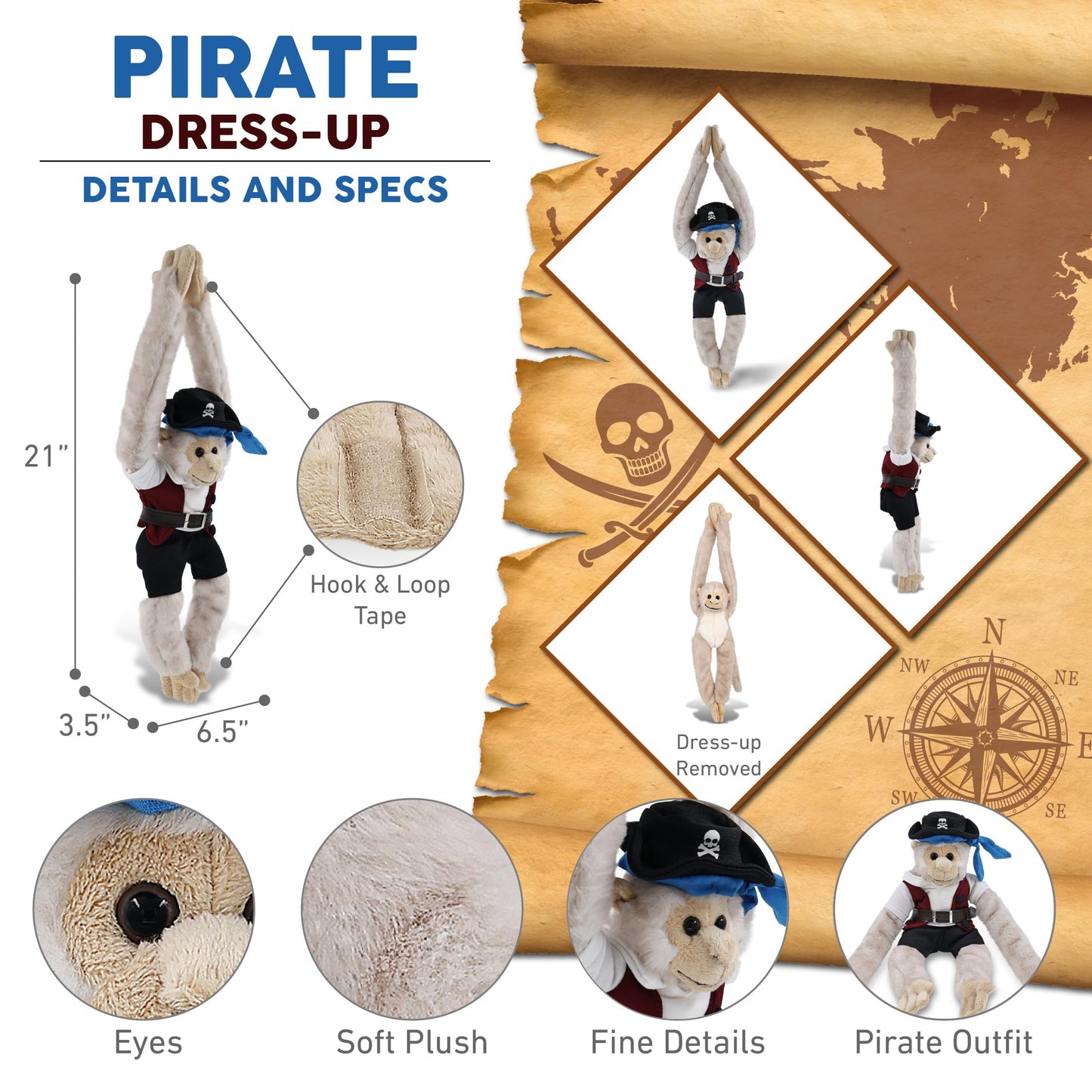 DolliBu Hanging White Squirrel Monkey Stuffed Animal with Pirate Dress Up and Name Personalization - Sea Adventure Plush Toy with Cute Pirate Costume - Hat, Shirt, Pants, Eye Patch, Belt - 21 Inches