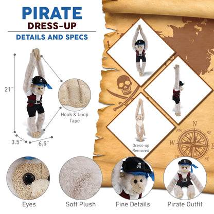 DolliBu Hanging White Squirrel Monkey Stuffed Animal with Pirate Dress Up and Name Personalization - Sea Adventure Plush Toy with Cute Pirate Costume - Hat, Shirt, Pants, Eye Patch, Belt - 21 Inches
