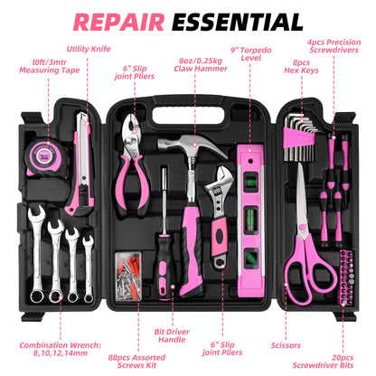 URASISTO 125 PCS Pink Household Tool Set, Pink Ladies Basic House DIY Toolkit Set for Home Garage Office College Dormitory Use, Hand Tool Kits for Women
