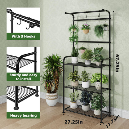 Ekisemio Plant Stands Outdoor with Hooks, Metal Tall Plant Shelves Indoor for Hanging Planter, Black
