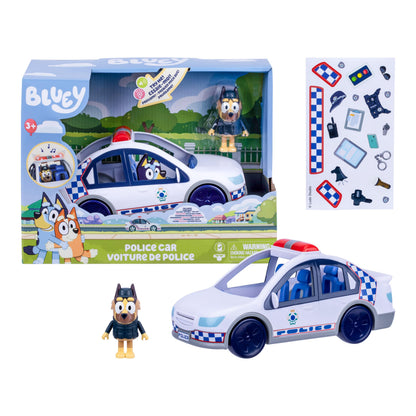 Bluey Police Car Toy, Vehicle from The Special Episode The Sign. Includes Toy Police Car with Flashing Lights & Sounds, Policeman Figure, and Themed Sticker Set. Batteries Included.