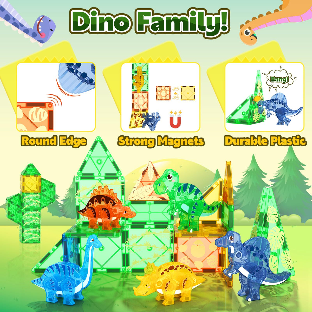 Coodoo Dinosaur Toys Magnetic Tiles 3D Movable Dinos for Kids 3-5 5-7 Toddler Outdoor Sensory Toys, STEM Educational Magnetic Blocks for 3+ Years Old Boys Girls Kids Toy