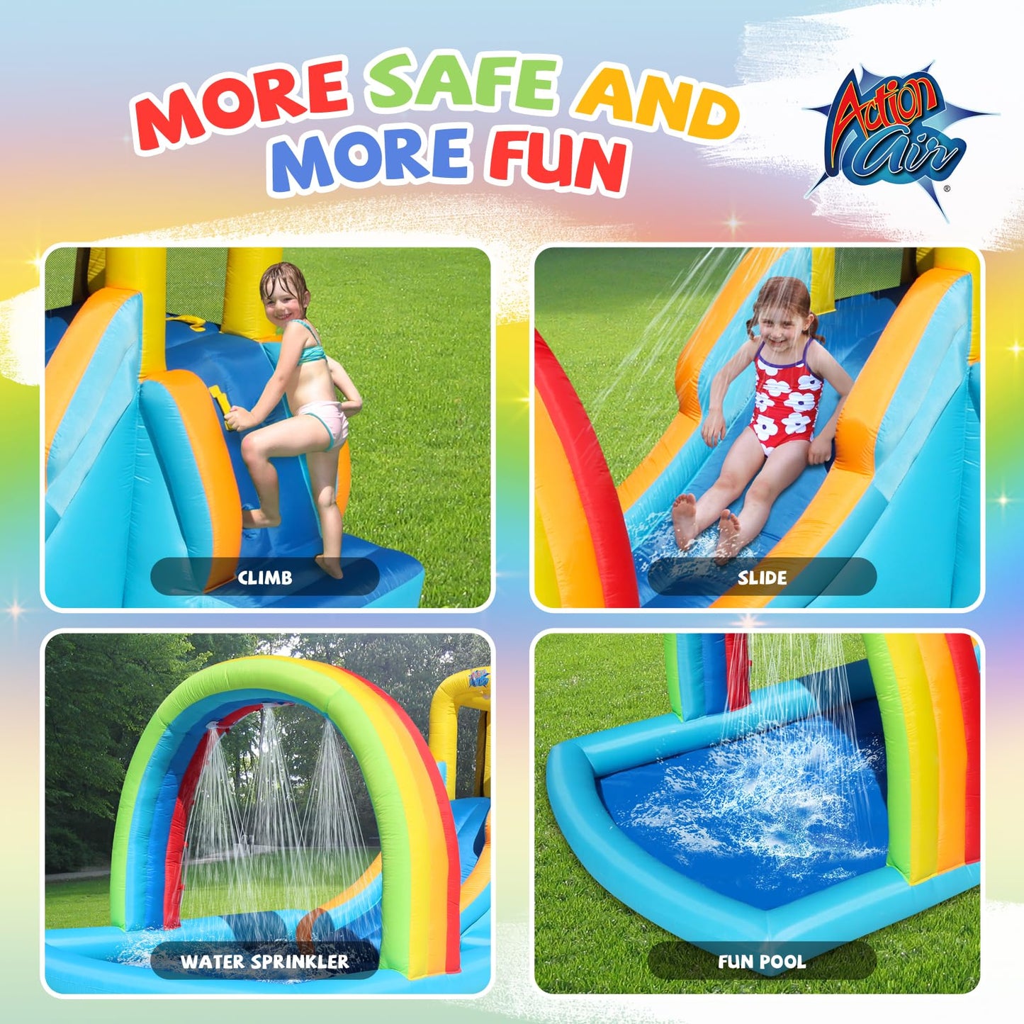 Action Air Inflatable Water Slide, Bounce House with Slide for Wet and Dry, Kids Backyard Waterpark for Summer Fun, Rainbow Splash Pool for Age 3-8, Love for Kids