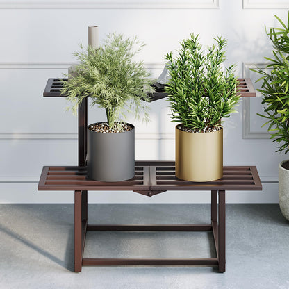 Rioneta Plant Stand Indoor Outdoor, Foldable Metal Plant Shelf for Multiple Pots, Mid Century Slatted Bench for Patio Garden, Heavy Duty Capacity 330 lbs 2 Tier Coffee