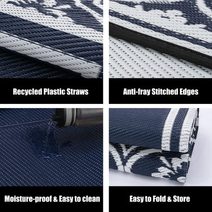 HUGEAR Outdoor Rug 8x10 Patio Camping Carpet Waterproof Mat Blue Outside Plastic Area Rug Reversible Rugs for RV Deck Entryance Porch Picnic Balcony Beach(8x10ft Navy Blue&White)