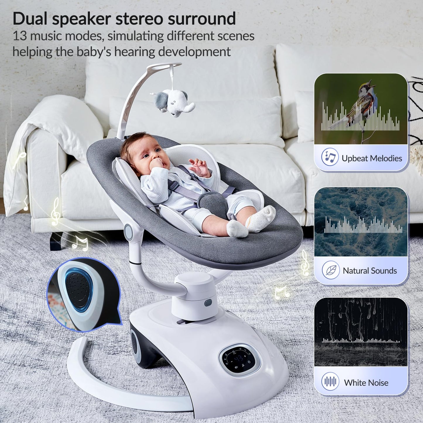 VaVaSoo Baby Swing for Infants Mamroo Electric Automatic Multi Motion Newborn for Girl & Boy with Remote Control, 5 Speed, 13 Melodies, Light Gray (Gary)