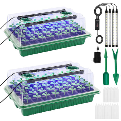 Seed Starter Tray with Timed Grow Light, 2 Pack 80 Cells Plant Starter Tray Seedling Starter Kit with Humidity Domes Base Indoor Mini Greenhouse Plant Germination Trays for Seeds Growing Starting