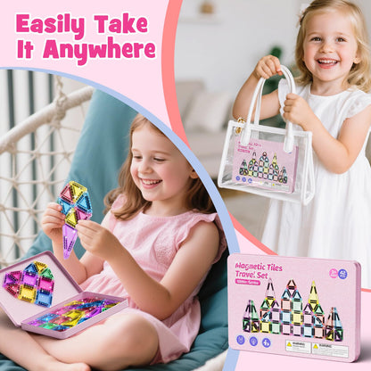 WMXDU 42-Piece Glitter Magnetic Tiles Travel Set with Pink Metal Box - Portable STEM Building Blocks for Kids Ages 3-8 Boys & Girls STEM Montessori Educational Toys for Airplane Car Rides
