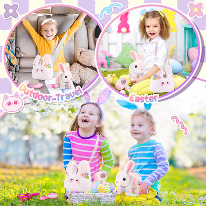 NINAOR Easter Hopping Bunny Toy for Kids with Crossbody Bags, Interactive Wiggle Ears Rabbit Toy for Girls Trip Pretend Play Robot Pet Care Cute Stuff Plushies Birthday Gifts Easter Basket Stuffers