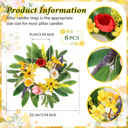 6 Pcs Spring Candle Rings Wreaths Spring Wreaths for Front Door 9'' Small Tulip Floral Candle Holder Rings for Window Front Door Flowers Wedding Anniversary Party Decoration