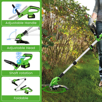 20V 12" Cordless String Trimmer With 2 X 4.0ah Battery and Charger, Electric Grass Trimmer Battery Powered Eater String, Edger Lawn Tool Grass Cutter With 8pcs Line, Lawn Mover For Yard, Garden, Green