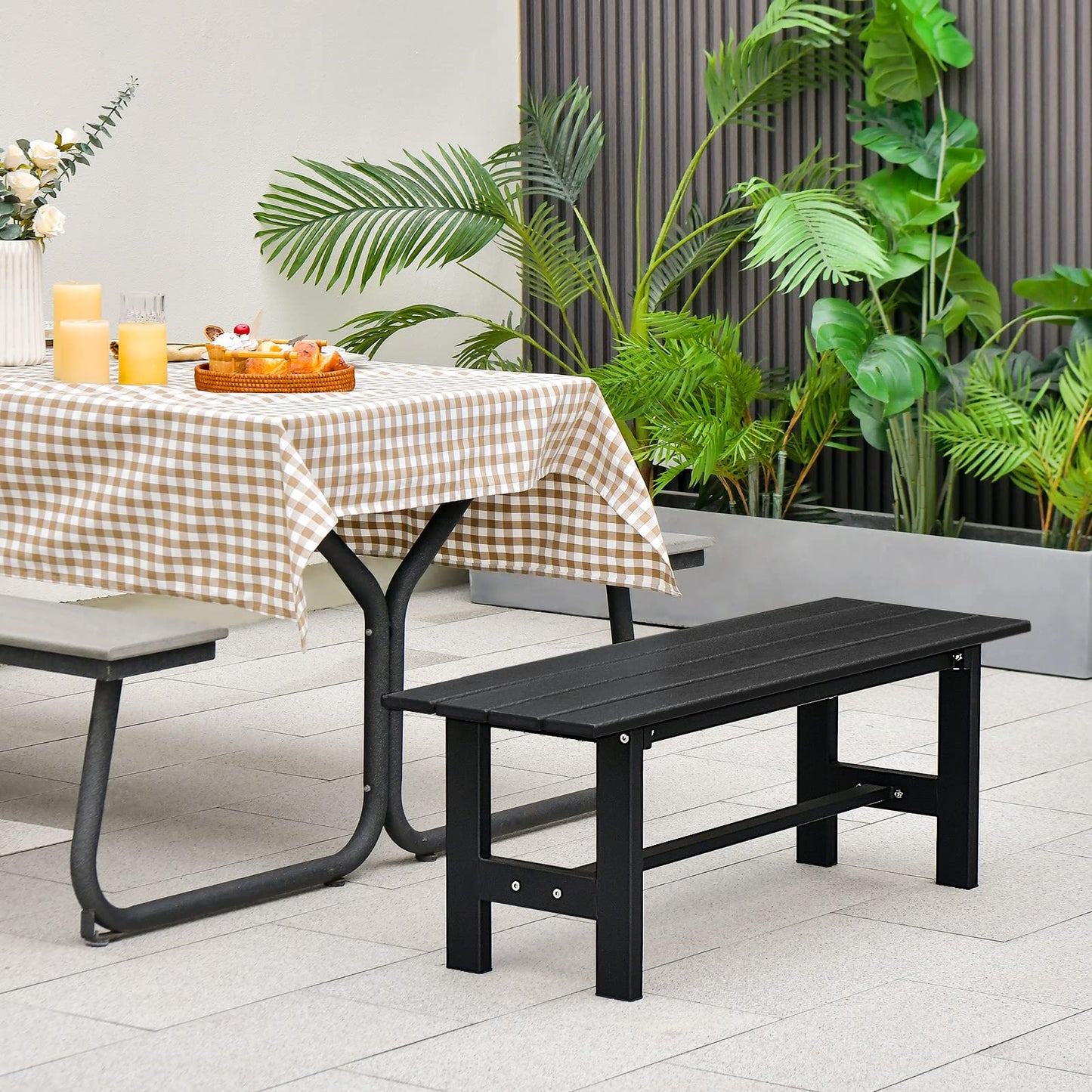 Giantex 2-Person Outdoor Bench Seat - Backless Patio Garden Bench, 47” Weatherproof Outside Chair with Slatted Seat, Metal Frame, 660 LBS Capacity, Dining Bench Chair for Yard, Park, Balcony, Black
