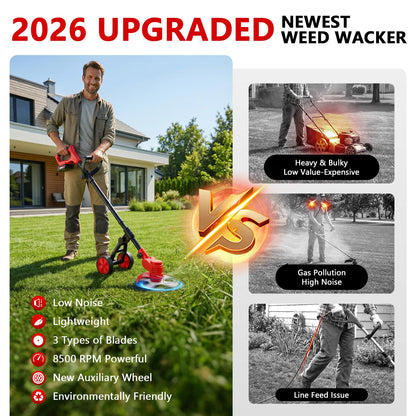 Electric Weed Wacker Cordless, 4000mAh Weed Eater Battery Powered with Wheel, 4 in 1 Grass Trimmer/Heavy Duty Brush Cutter/Lawn Edger/Weed Trimmer, No String Trimmer with Blade, 2 Battery Garden Tool