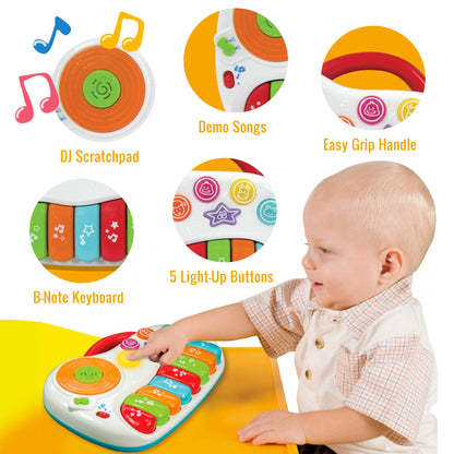 Musical Piano Toy for 1-3 Year Old Toddlers, 8-Key Rainbow Keyboard with DJ Turntable Scratchpad, 5 Light-Up Animal Buttons, Demo Songs, Volume Control and Carry Handle, Boys Girls Gift