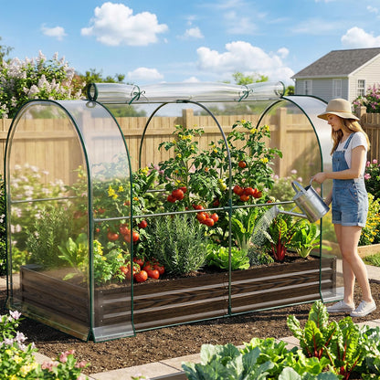 SUNYRISY Galvanized Raised Garden Bed with Greenhouse, Outdoor Metal Planter Box with Plant Bed Cover, Garden Box Protection for Gardening Vegetables Flowers Herbs Planting, Wood Grain