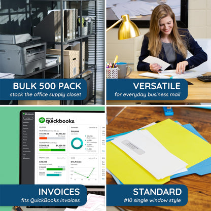 500 Number 10 Single Window Envelopes - Thick Gummed Seal - Designed for Secure Mailing of Quickbooks Checks, Invoices, Business Statements, Personal Letters - 4 1/8 x 9 1/2