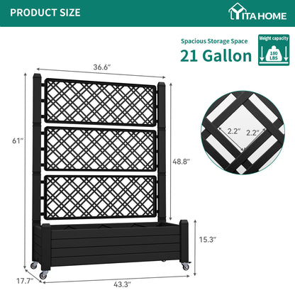 YITAHOME 3.6x1.5x5 FT Planter Box Trellis with Wheels, Large Outdoor Plastic Raised Garden Bed with Drain Plug for Climbing Plants, Black