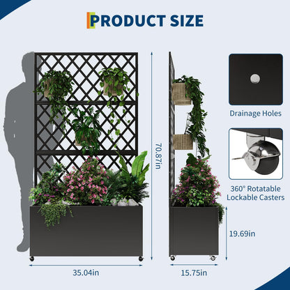 71x35x16 Inch Large Steel Raised Garden Bed, Mobile Planter Box with Trellis and Privacy Screen, Lockable Casters & Drainage Holes, Outdoor Vegetable Garden for Vines Flowers Patio Deck Balcony