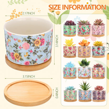 Threehoney 12 Pack 3.14 Inch Ceramic Succulent Plant Pots Mini Flower Cylinder Pots with Drainage Hole and Bamboo Trays for Small Plants Flowers Cactus Home Office Decor(Chinoiserie)