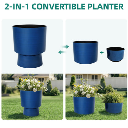 Ultym 16.8" 2-Pack Urn Planters for Outdoor Indoor Plants, Modern 2-in-1 Large Flower Pots with Detachable Base, Drainage Holes, Weather-Resistant for Garden Patio Home Office Decor, Brushed Blue