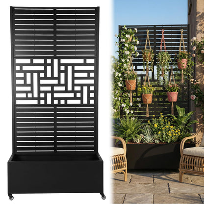 FASDRESS Metal Planter Box with Trellis Standing Planter Box for Climbing Plants/Vines Raised Garden Bed On Wheels 70.87x35.43x15.75 Inch (01)