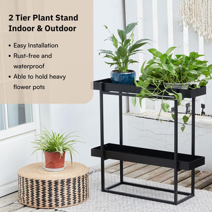 Levende Plante 2 Tier Plant Stand Indoor Outdoor - 29 x 9 x 28 Inches Plant Shelf for Home and Office Decor - Narrow Plant Stand for Lawn, Patio, Balcony and Living Room - Heavy Duty Iron - Black