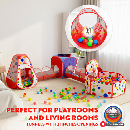 Playz 5-Piece Kids Play Tents Crawl Tunnels and Ball Pit Popup Bounce Playhouse Tent with Basketball Hoop for Indoor and Outdoor Use with Red Carrying Case