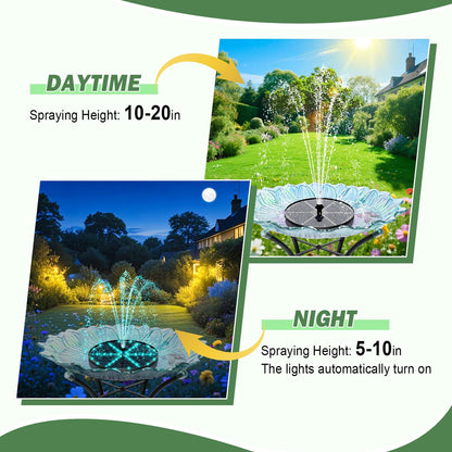 Yzert Upgraded Solar Fountain Bird Bath with 60 LED Lights, Solar Powered Water Fountain Pump with 4000mAh Battery 7 Nozzles 4 Fixers, for Garden Patio Pond Birdbath Pool